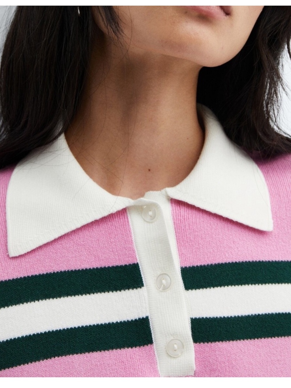Mango Pink Green Striped Polo Collar Knit Sweater Top Small - Tennis Preppy - Picture 5 of 16
